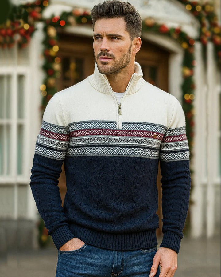 Detail of the Nordic knit pattern on a men's half-zip cotton blend winter sweater