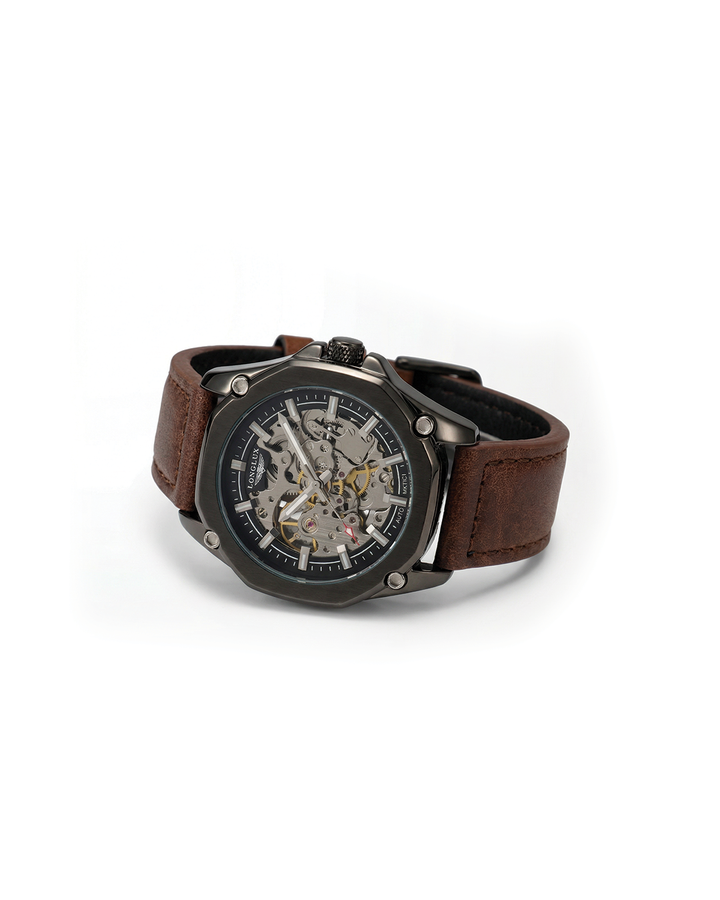 Men's Octagonal Skeleton Dial Watch with visible mechanical movement and brown cowhide strap on a wrist.