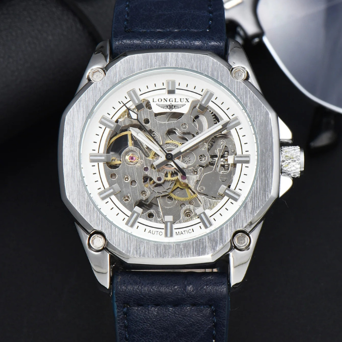 Men's Octagonal Skeleton Watch with luminous hands, perfect for low-light visibility and style.