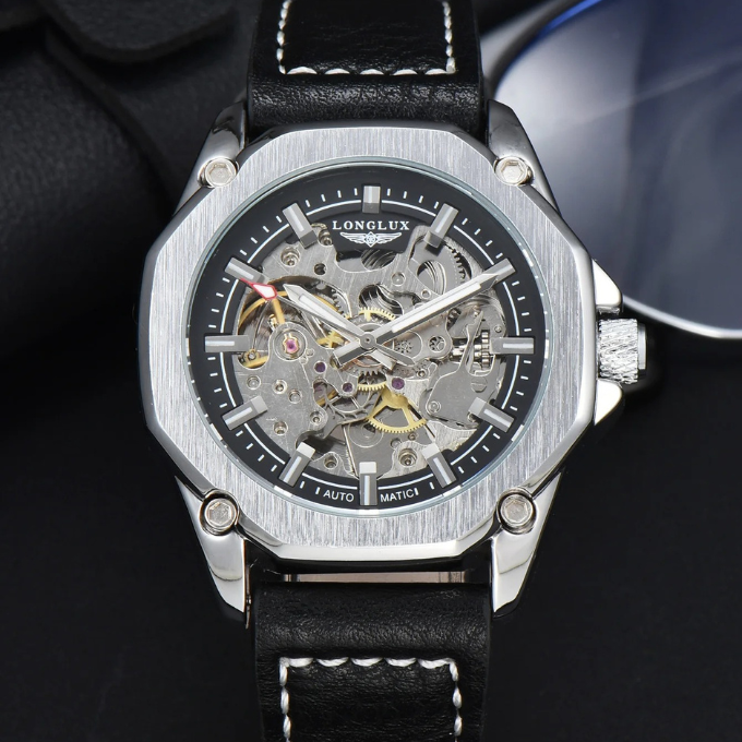 Studio shot of a men's octagonal skeleton watch, emphasizing its unique shape and exposed gears.
