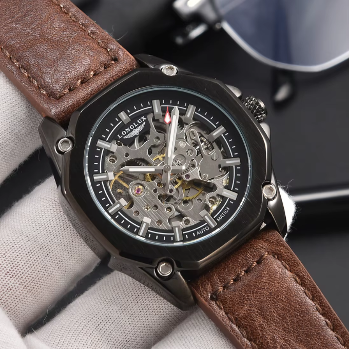 Close-up of a men's octagonal skeleton watch dial showcasing intricate automatic movement gears.