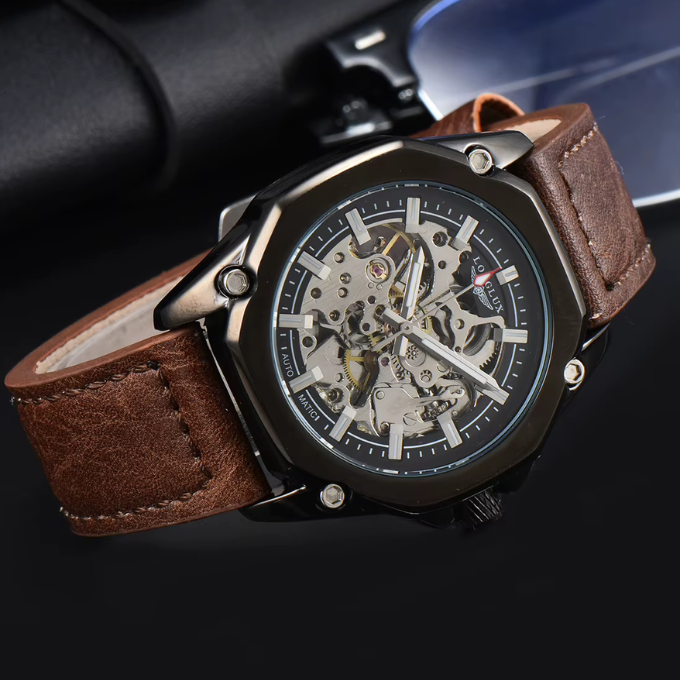 A sophisticated men's octagonal skeleton watch, front view, highlighting the transparent dial design.