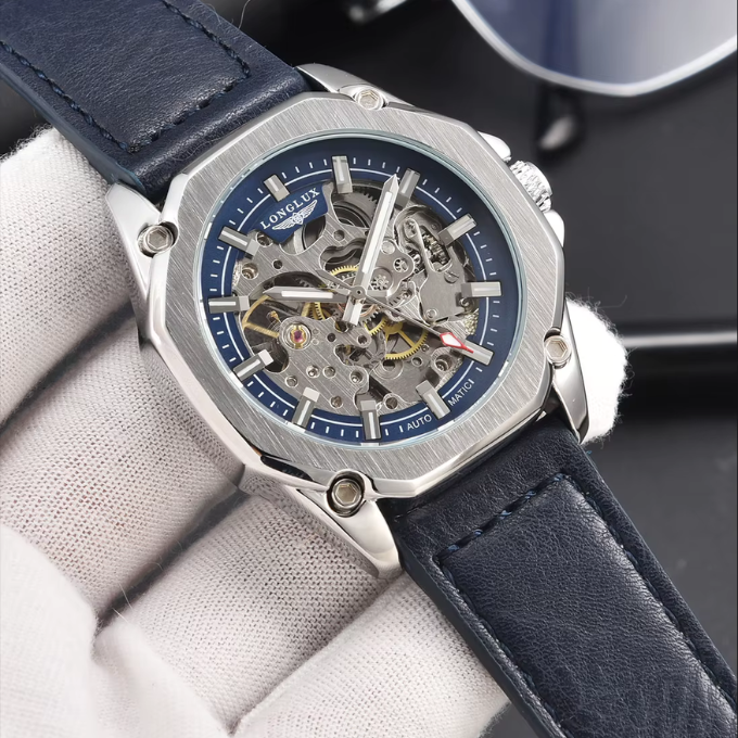 Side profile of a men's octagonal watch, revealing case thickness and texture of the cowhide strap.