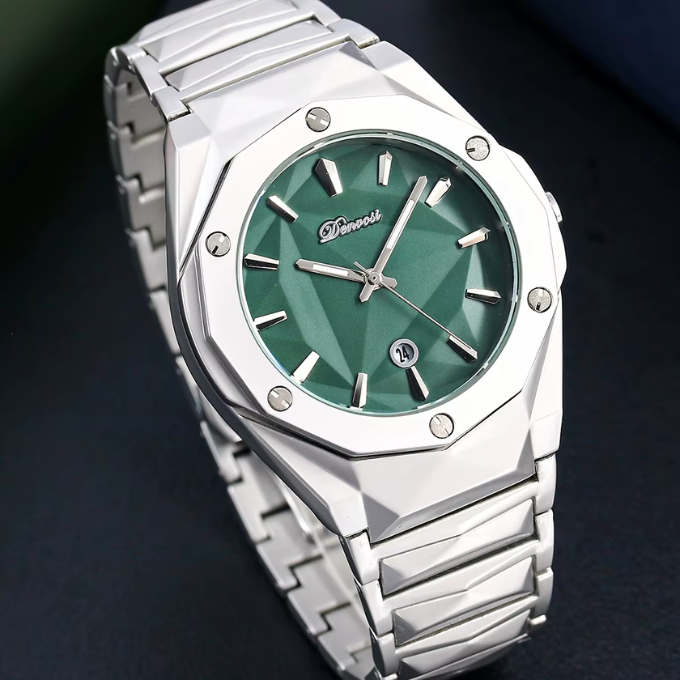 Close-up of men's octagonal watch face, showcasing geometric design and stainless steel band