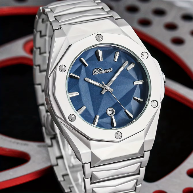 Men's fashion watch: octagonal stainless steel with sleek, polished finish and easy-to-read dial