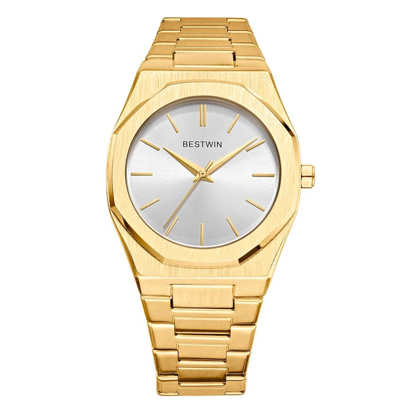 High-angle shot of a men's octagonal watch, emphasizing its modern classic appeal