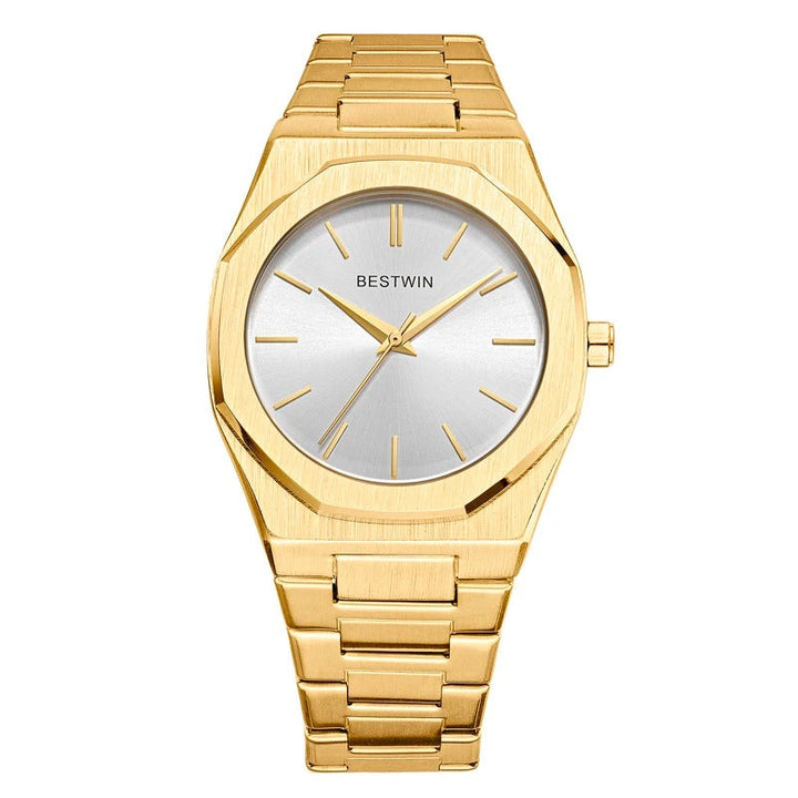 High-angle shot of a men's octagonal watch, emphasizing its modern classic appeal