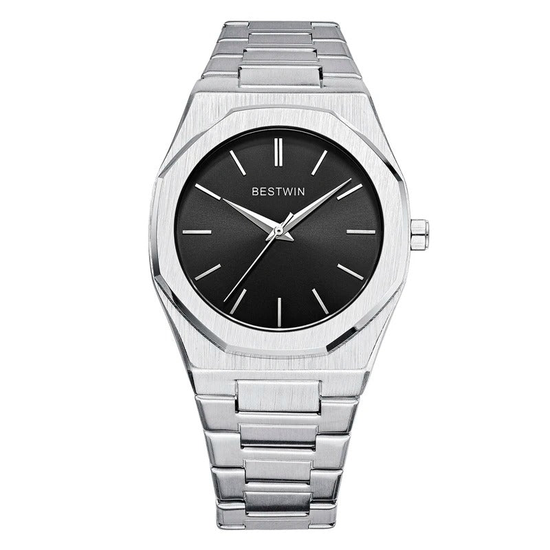Detail of the clasp on a men's octagonal stainless steel watch band, secure and elegant