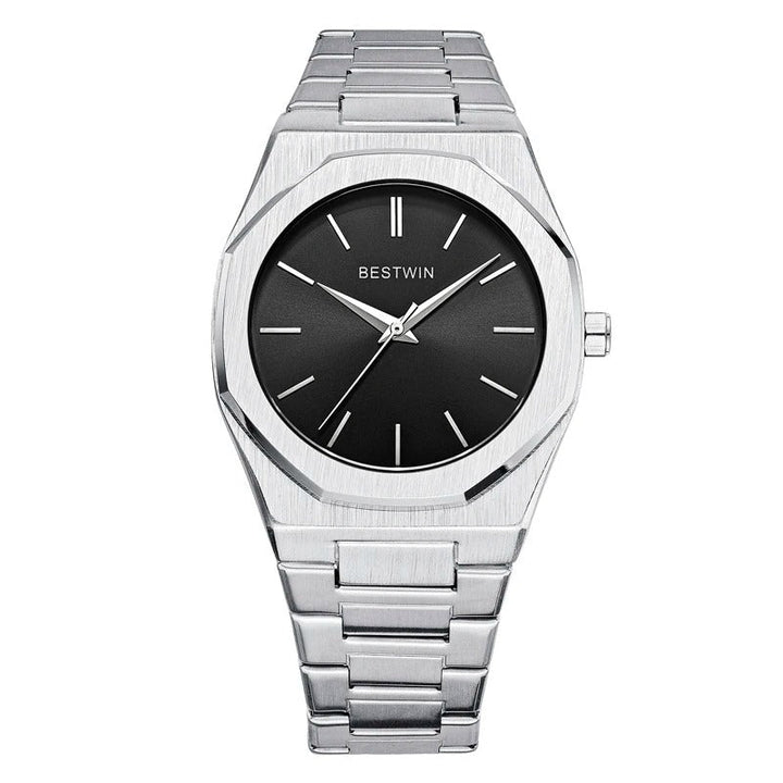 Detail of the clasp on a men's octagonal stainless steel watch band, secure and elegant