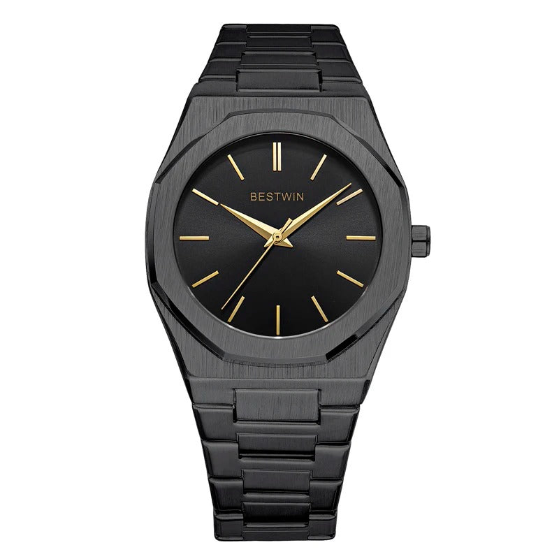 An array of men's octagonal stainless steel watches, showcasing color variations and styles