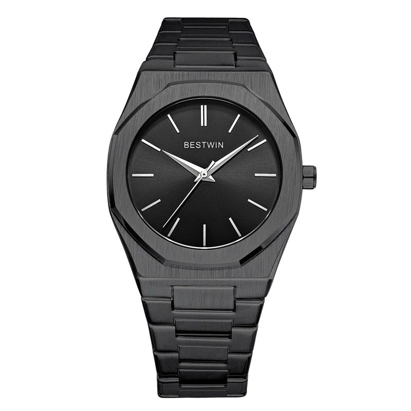 Men's octagonal watch on a professional desk setting, a sophisticated business accessory