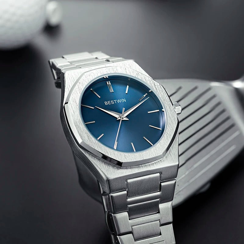 Side view of a men's stainless steel octagonal watch, highlighting its unique shape