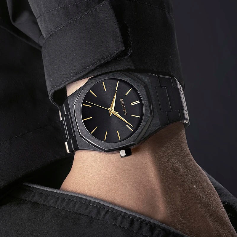 Elegant men's octagonal timepiece, reflecting light beautifully on its steel surface