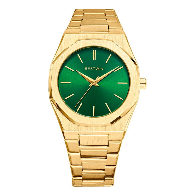 Top-down view of a men's octagonal stainless steel wrist watch, showcasing the full design