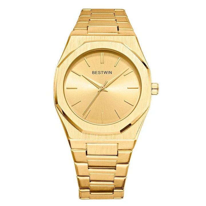 Men's octagonal watch on a male wrist, demonstrating size and fit of the elegant timepiece