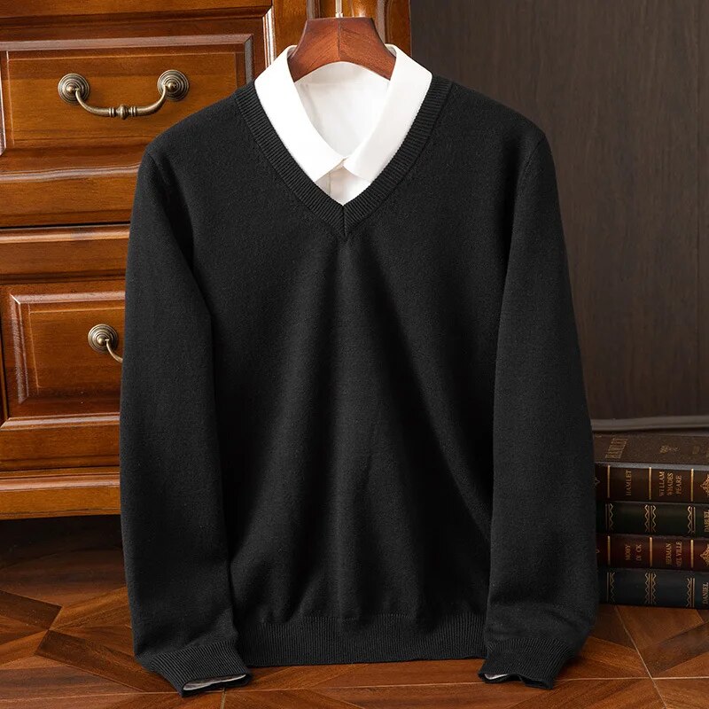 Men's fashion V-neck pullover, long sleeve and comfortable knit. Essential for stylish casual wear.