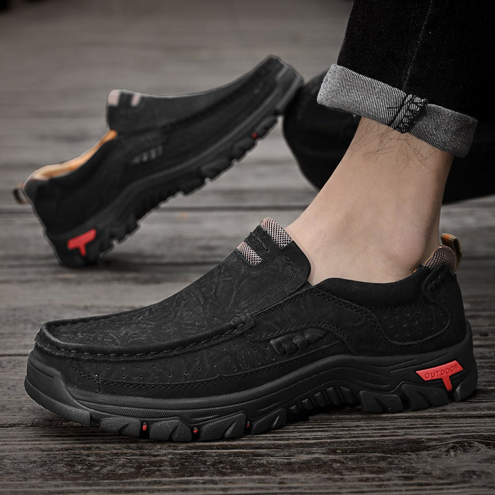 Black orthopedic men's boots, comfortable, durable and easy to maintain, slip-resistant.