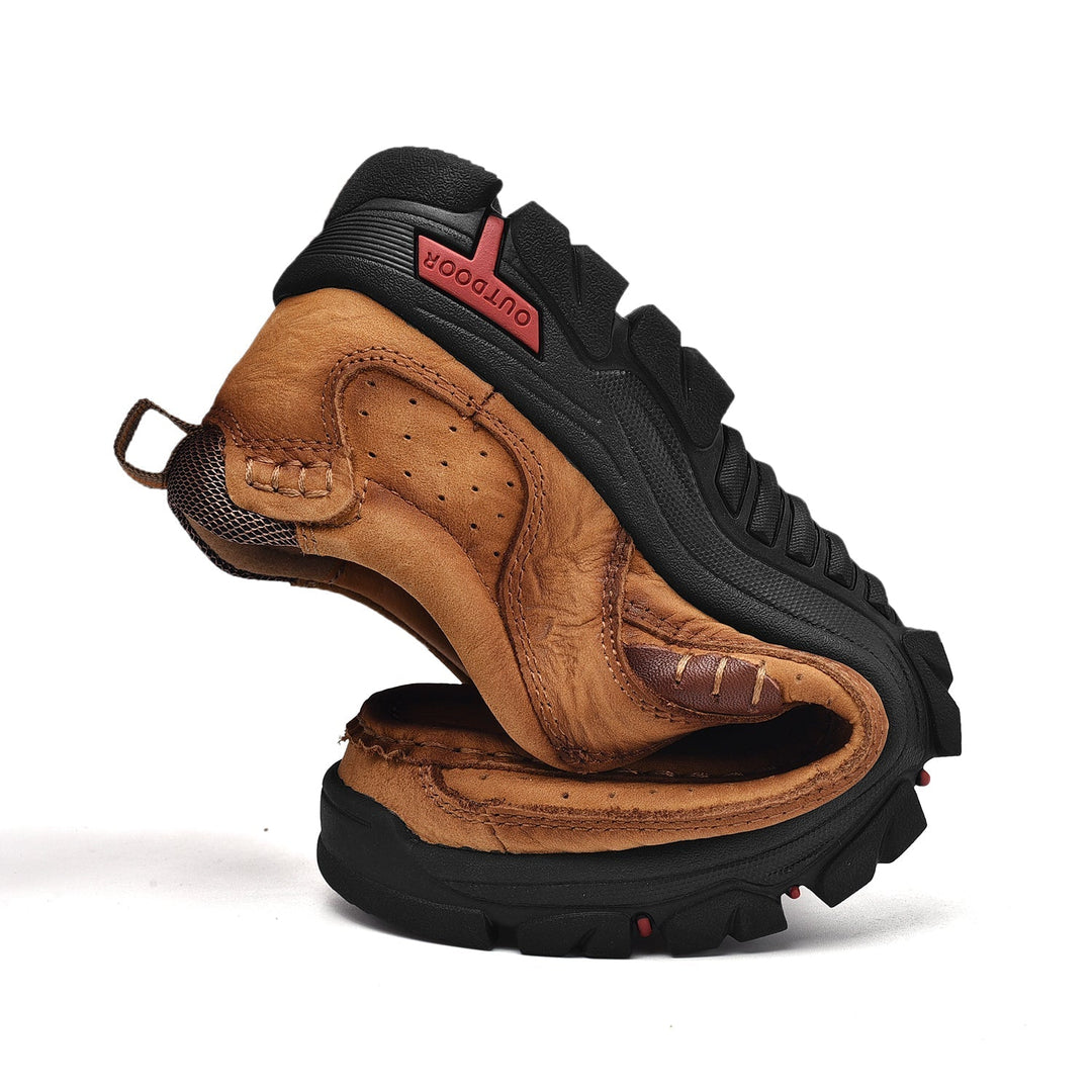 Khaki leather orthopedic men's boots, comfortable for all-day wear, ideal for posture correction.