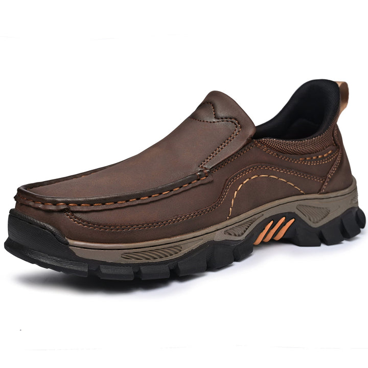 Close-up of Men's Orthopedic Slip-On Leather Walking Shoes, showing texture