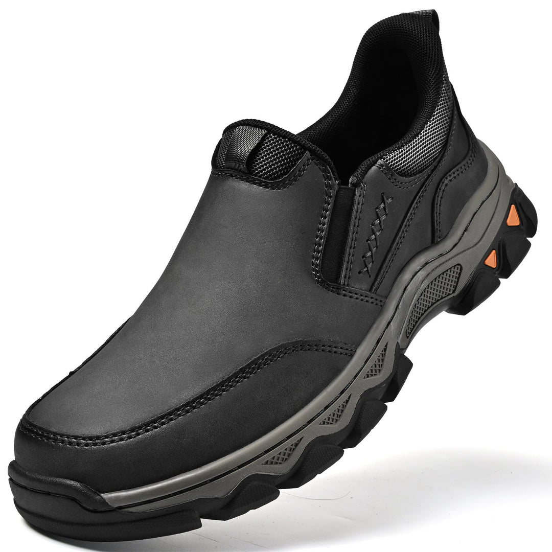 Men's black leather orthopedic slip-on shoes, ideal for casual wear