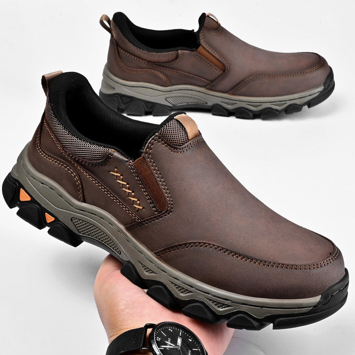 Side profile of men's casual slip-on walking shoes with orthopedic support