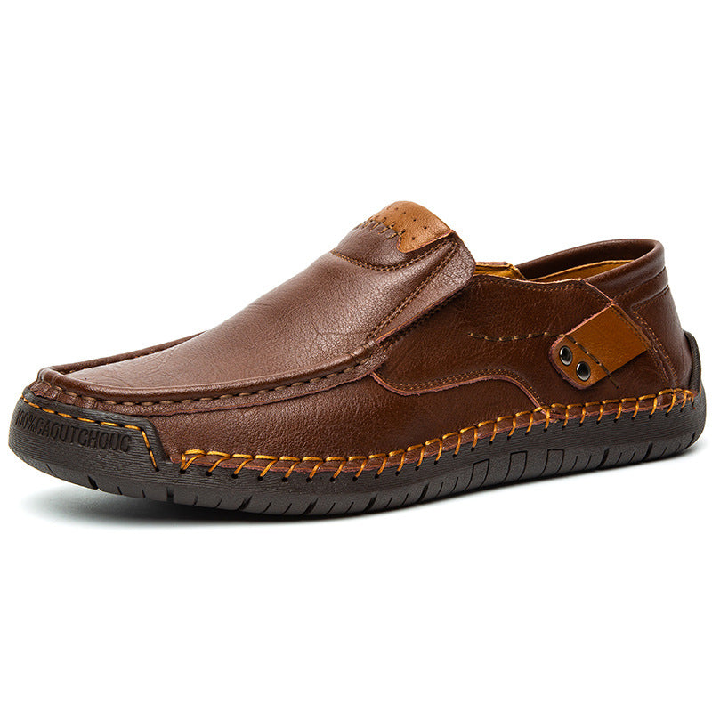 Men's orthopedic hand-stitched brown leather shoes for comfort and posture support, slip-resistant sole