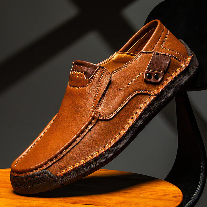 Front view of men's brown leather orthopedic shoes, showcasing classic design and quality craftsmanship