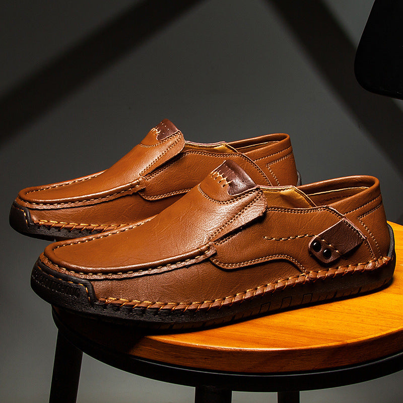 Men's dress casual hand-stitched leather shoes in a rich brown, featuring orthopedic comfort design