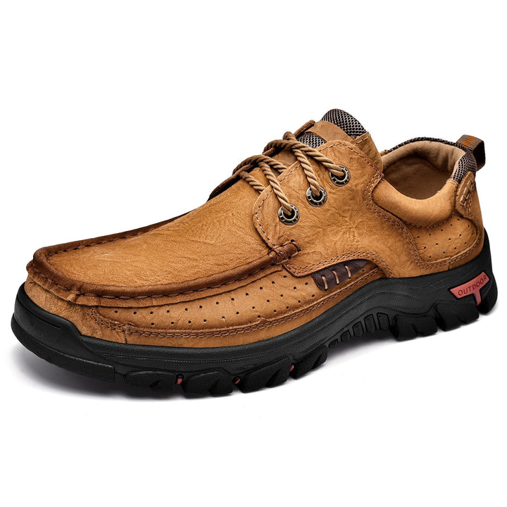 Men's orthopedic lace-up boots, rich brown leather, comfortable, side profile