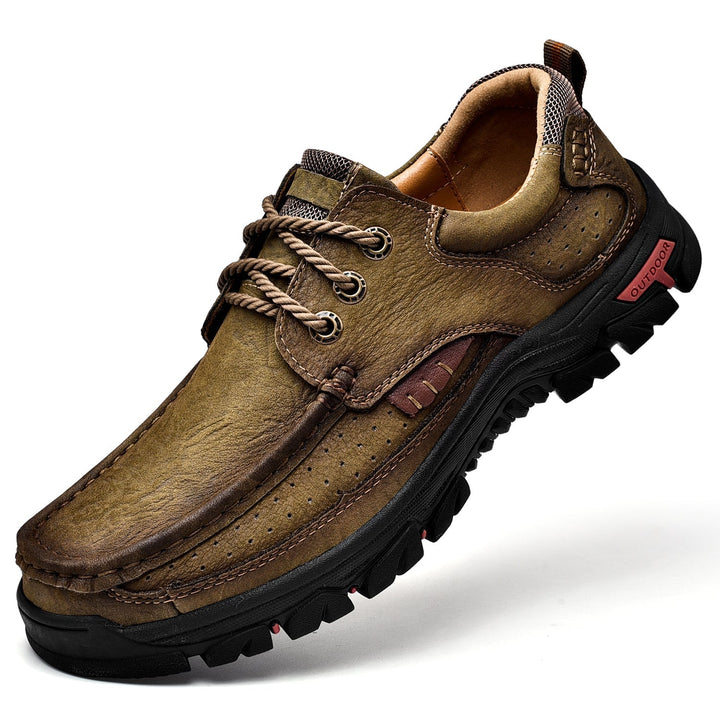 Men's orthopedic comfort lace-up boots, brown leather, 3/4 view, studio shot