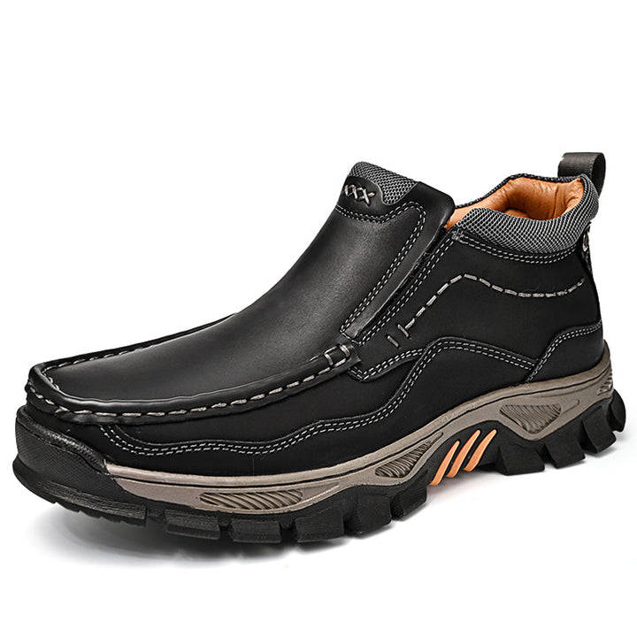 Supportive footwear for men: orthopedic leather boots, slip-on style, ultimate comfort