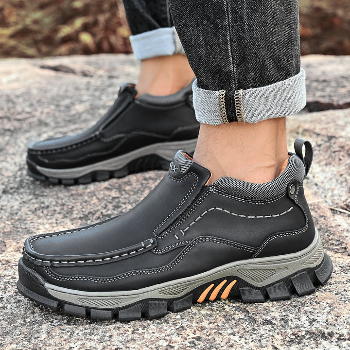 Classic men's orthopedic boots, transition design in leather, emphasizing comfort and foot health