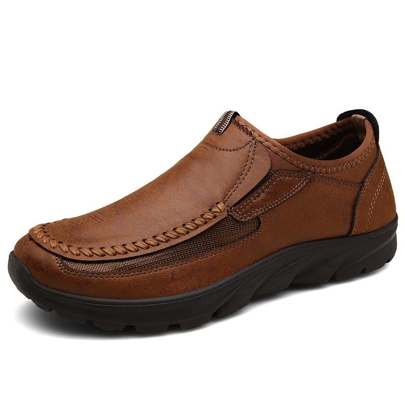 Front angle of men's comfort walking shoes, elegant leather finish