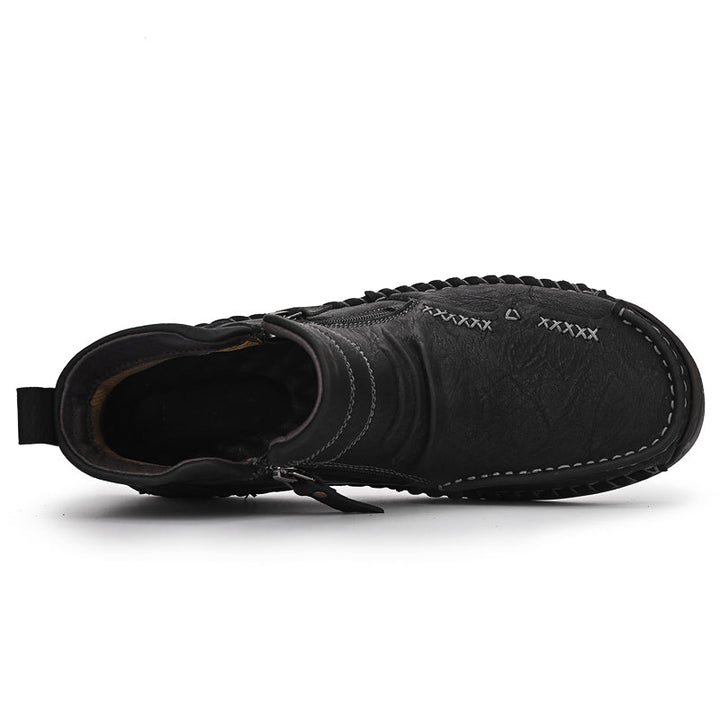 Rear view of men's orthopedic outdoor boots, sturdy sole, zipper, posture correction