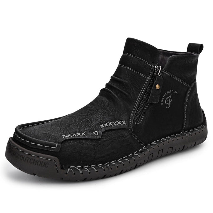 Stylish brown leather men's orthopedic boots with side zipper, outdoor, slip-resistant sole