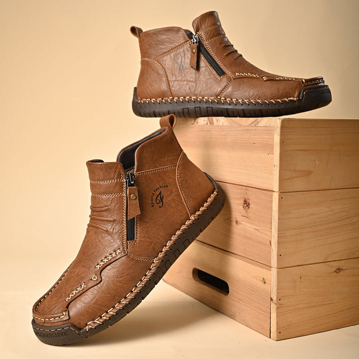 Men's orthopedic outdoor boots showcasing slip-resistant sole, side zipper, and leather finish