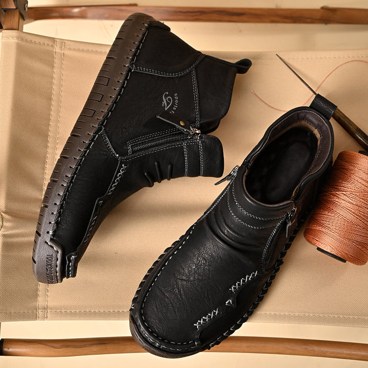 Close-up of the leather texture on men's orthopedic zipper boots, high quality, comfortable
