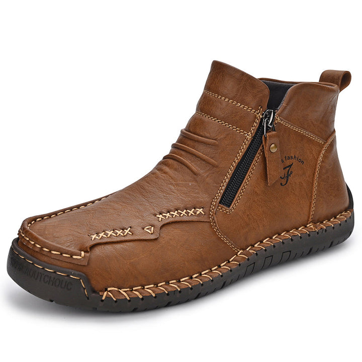 Close-up of men's orthopedic outdoor boots, zipper detail, durable leather, comfortable fit