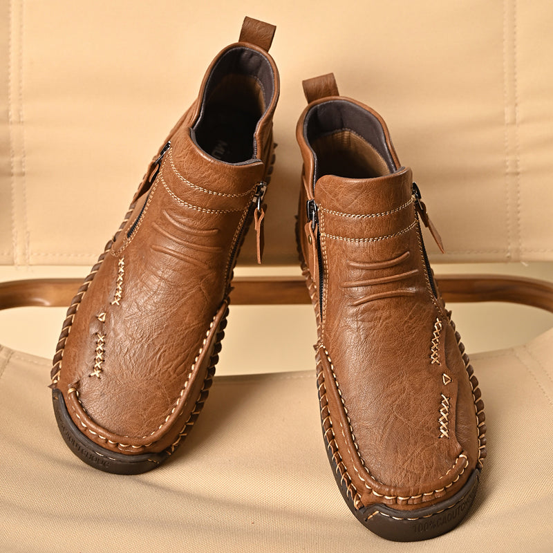 Outdoor-ready men's orthopedic zipper boots, tan leather, providing excellent traction