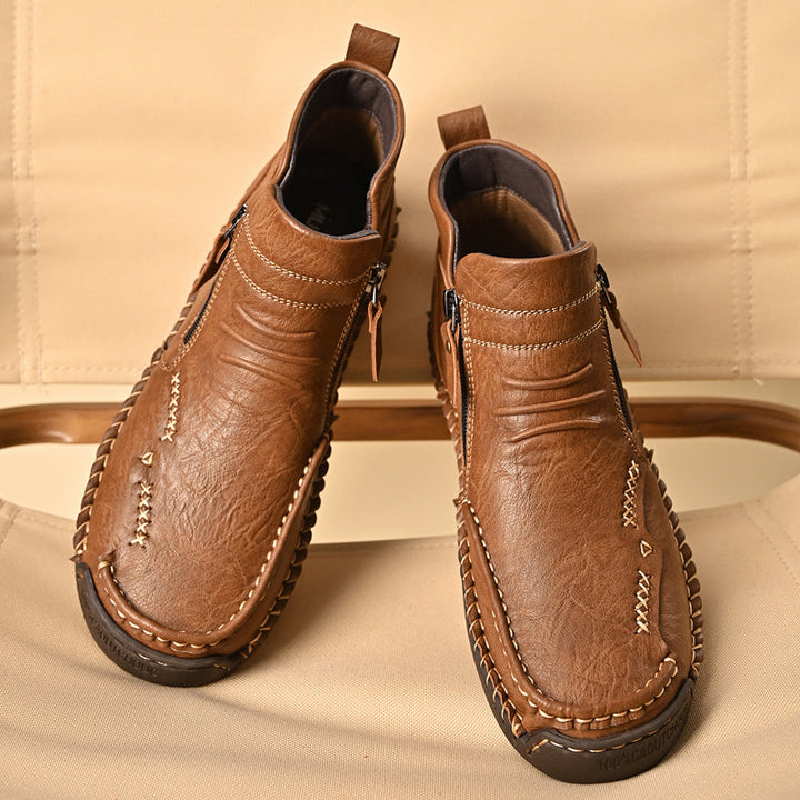 Outdoor-ready men's orthopedic zipper boots, tan leather, providing excellent traction