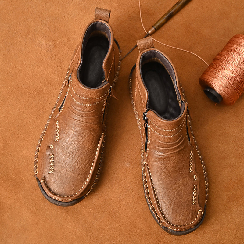 Detail of the comfortable interior of men's orthopedic zipper boots, leather lined