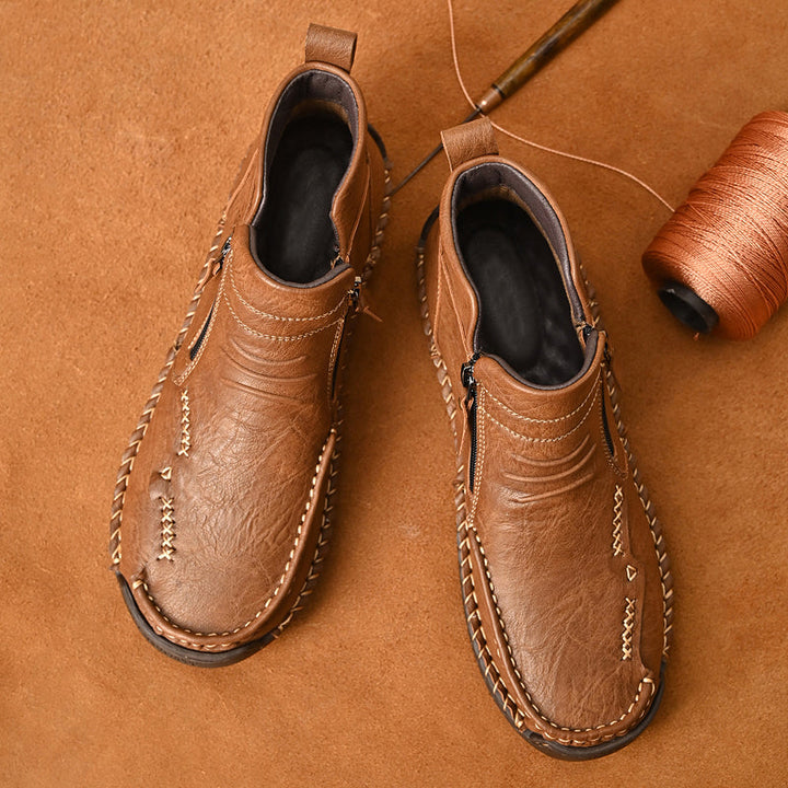 Detail of the comfortable interior of men's orthopedic zipper boots, leather lined