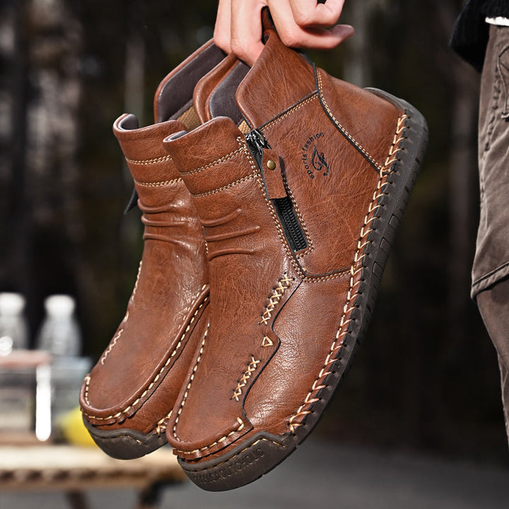 Men's outdoor orthopedic zipper boots, dark brown, built for rugged terrain, work boots