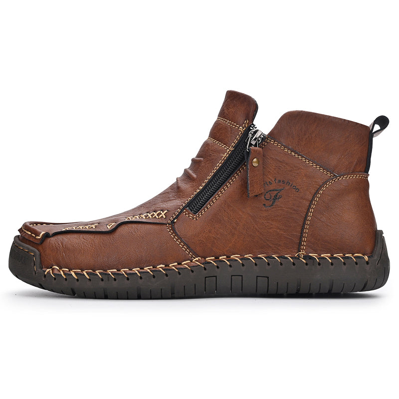 Pair of men's orthopedic zipper boots, tan leather, ideal for outdoor activities, work boots