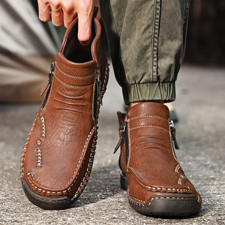 Men's orthopedic outdoor boots, brown, showcasing premium leather and functional zipper