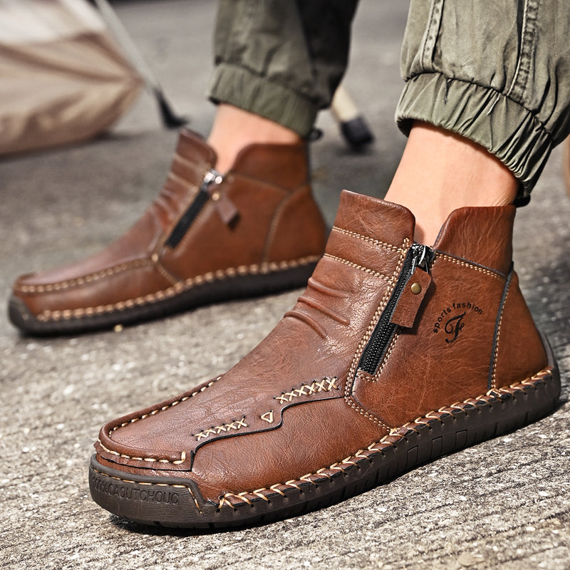 Men's orthopedic work boots, brown leather, with strong zipper and supportive sole
