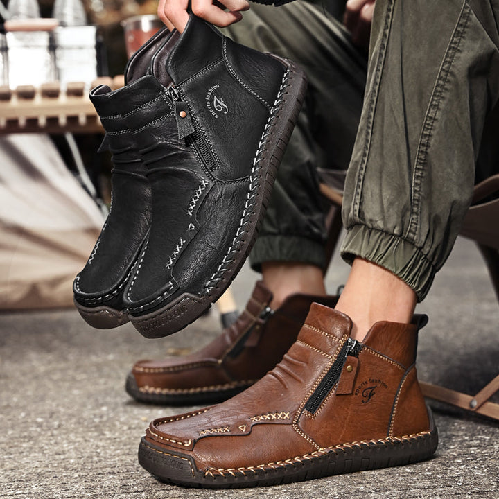 Men's orthopedic work boots, brown, robust leather, zipper entry, for outdoor tasks