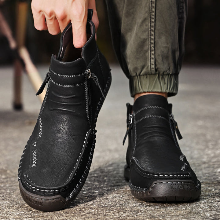 Men's orthopedic outdoor boots, black leather, featuring a secure zipper and comfort