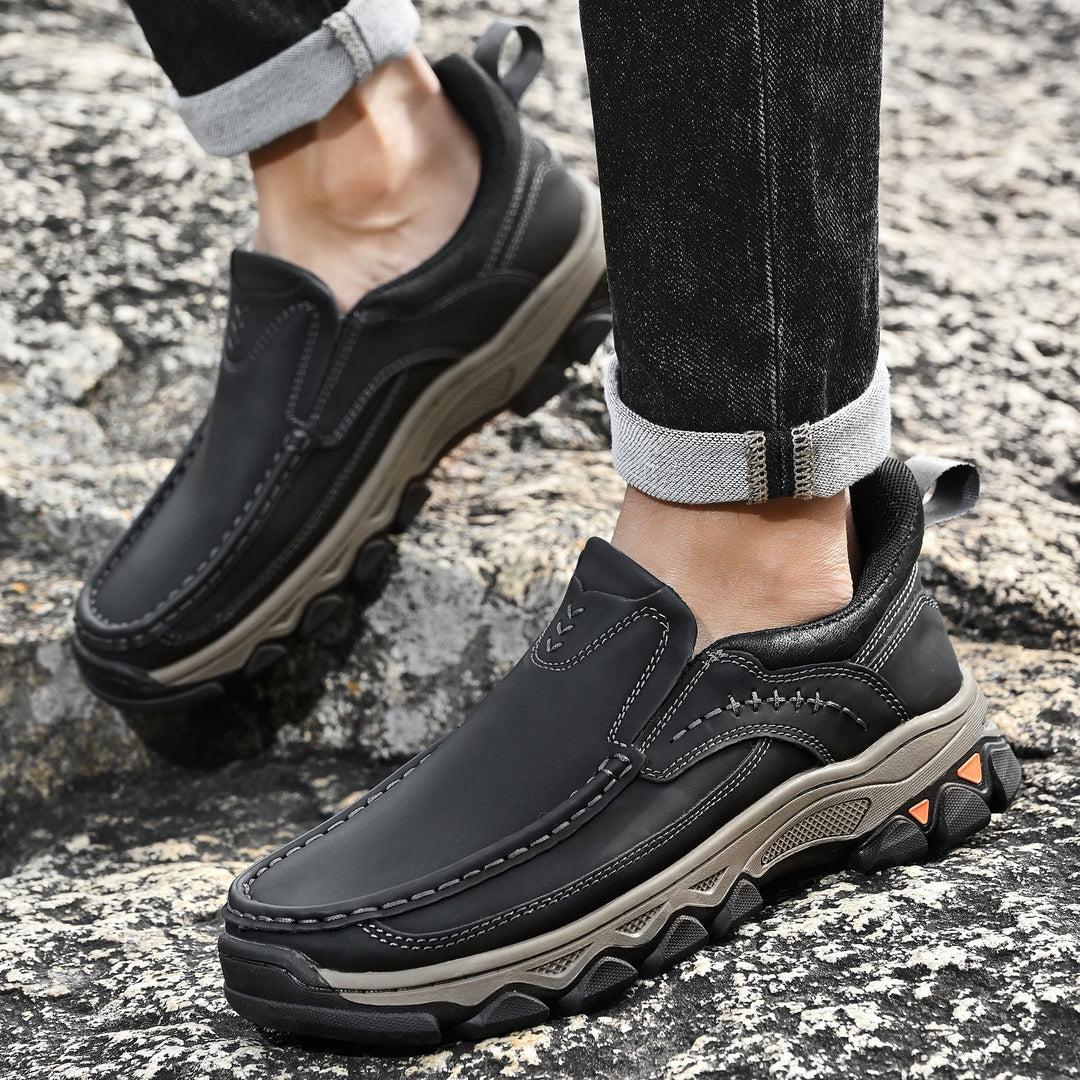 Versatile orthopedic leather slip-ons for men, suitable for casual, walking, and hiking