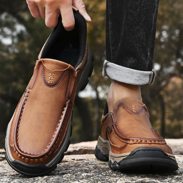 Durable men's casual orthopedic leather slip-ons, perfect for extended wear and travel